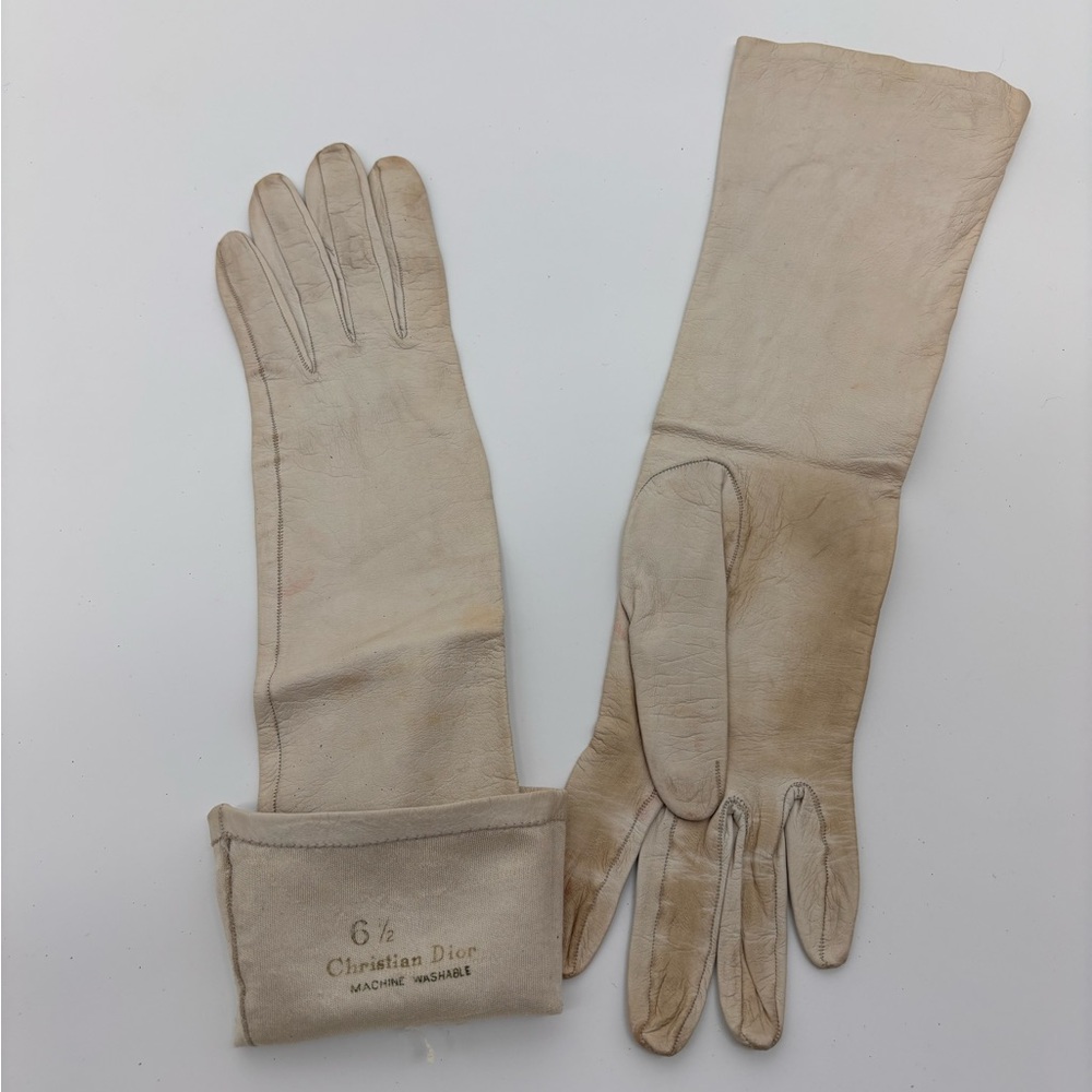 Vintage CHRISTIAN DIOR Long Gloves – Size 6½ – Beige Leather – 13.5” Length - Picture 5 of 6